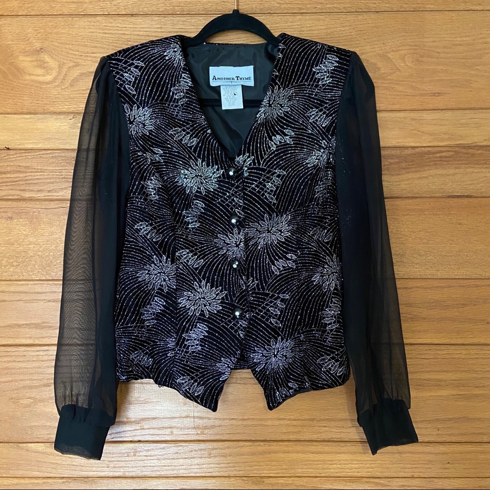 Vintage glittery sheer sleeve button front top